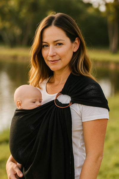 WINTER SALE 15% OFF! Mesh ring sling 100% organic - black & FREE Doll's wrap (valued at $19.95)