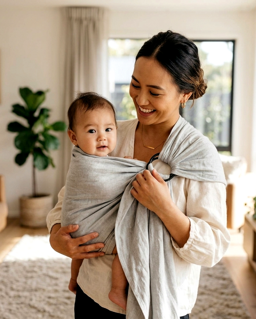 PRE-ORDER NOW! 100% organic LINEN ring sling - STONE &  FREE Discoveroo Wooden Car (valued at $9.95)-available October 15th!