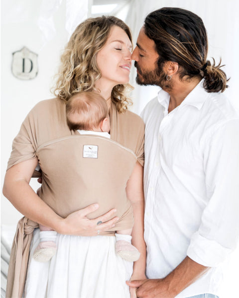 Lightweight wrap carrier 100% organic cotton - LATTE & FREE Discoveroo Wooden Car (valued at $9.95)